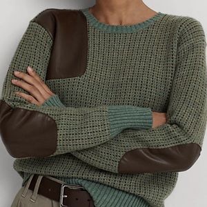 NWT! Ralph Lauren Women’s Faux-Leather-Trim Wool-Blend Sweater Green Size L